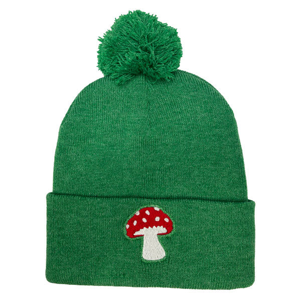 Mushroom Embroidered 12" Pom-Pom Cuffed Beanies